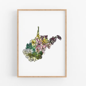 WEST VIRGINIA Wildflowers State Art Print Fine Art Floral Map Poster Wall Art Unique Housewarming Military Gift Christmas Gift