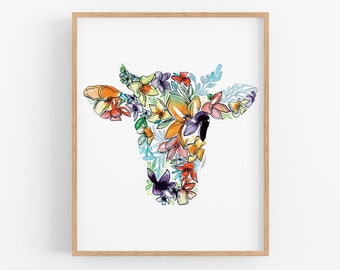 COW Wall Art Print, Cow Art, Watercolor Cow Decor painting, Cow Gifts, Farmhouse Print, Farm Art, Kitchen Art, Christmas Gift
