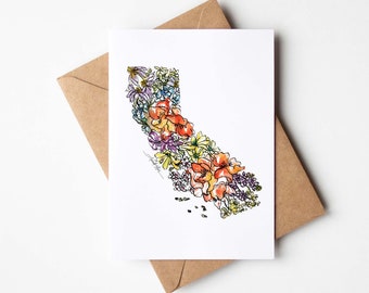 CALIFORNIA Floral BOX SET of 8 Blank Note Cards with Envelopes Housewarming Military Vacation Multi Occasion Card Unique California Gift