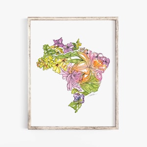 Impresión artística de flores silvestres de Brasil, póster de mapa floral de bellas artes, arte de pared, regalo único de inauguración de la casa, regalo militar de Navidad de Brasil