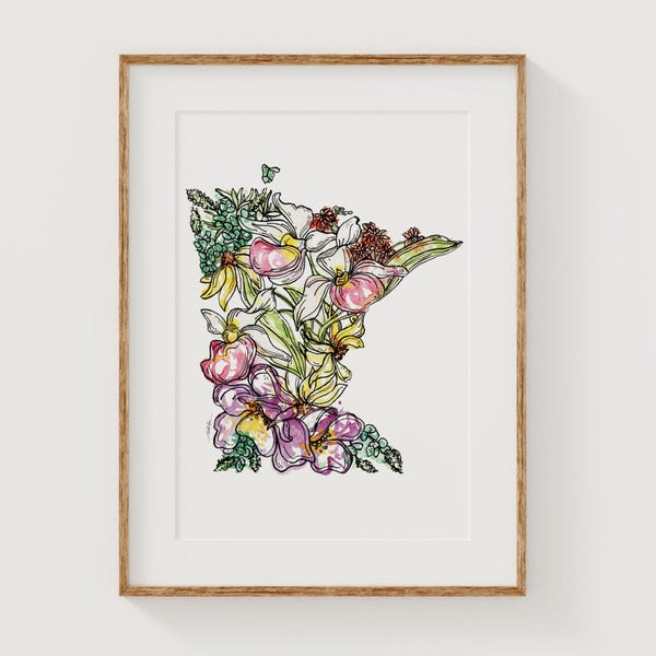 MINNESOTA Wildflowers Fine Art Print | Botanical Map | State Floral Home Decor | Canvas or Giclee Framed Wall Art