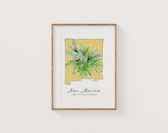 NEW MEXICO Yucca Flower State Flower Art Print Fine Art Floral Map Poster Wall Art Unique Housewarming Military Christmas Gift