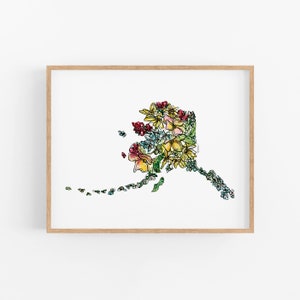 Impression d'art de l'état de fleurs sauvages de l'ALASKA, carte florale d'art, affiche d'art mural, cadeau de Noël militaire de l'Alaska de pendaison de crémaillère