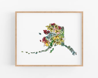 ALASKA Flowers State Art Print Fine Art Floral Map Poster Wall Art Unique Housewarming Military Alaska Christmas Gift