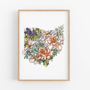Impression d'art de l'État de fleurs sauvages de l'OHIO, carte florale d'art, affiche d'art mural, cadeau militaire unique de pendaison de crémaillère, cadeau de Noël