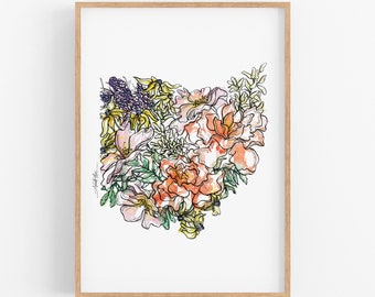 OHIO Wildflowers State Art Print Fine Art Floral Map Poster Wall Art Unique Housewarming Military Gift Christmas Gift