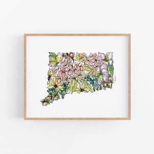 May include: A floral illustration of the state of Connecticut, featuring pink, white, and yellow flowers with green leaves. The flowers are arranged in the shape of the state, creating a unique and artistic representation.