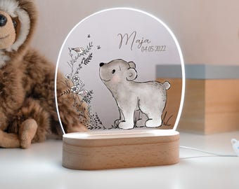 Nachtlicht personalisiert mit Namen – LED Schlummerlicht für Kinder aus Holz – Geschenk zur Geburt oder Taufe – Bär