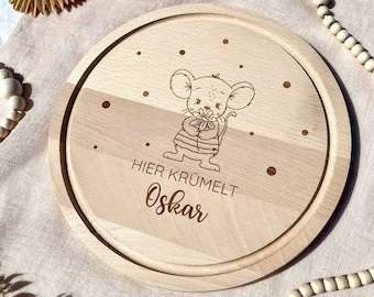 Frühstücksbrett personalisiert für Kinder,  Schneidebrett aus Holz mit individueller Gravur perfekt zum Verschenken, Motiv  Maus mit Blume