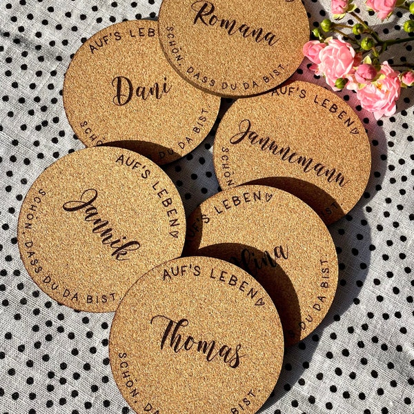 Name tag | Coasters | Cup coasters | Gift | Place card | Guest gift | Glass coaster personalized | Cork | To life