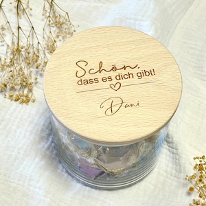 Vorratsglas mit Holzdeckel | Schön, dass es dich gibt! + Name | personalisiert | Herz | Keksdose | Geschenkglas