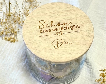 Vorratsglas mit Holzdeckel | Schön, dass es dich gibt! + Name | personalisiert | Herz | Keksdose | Geschenkglas