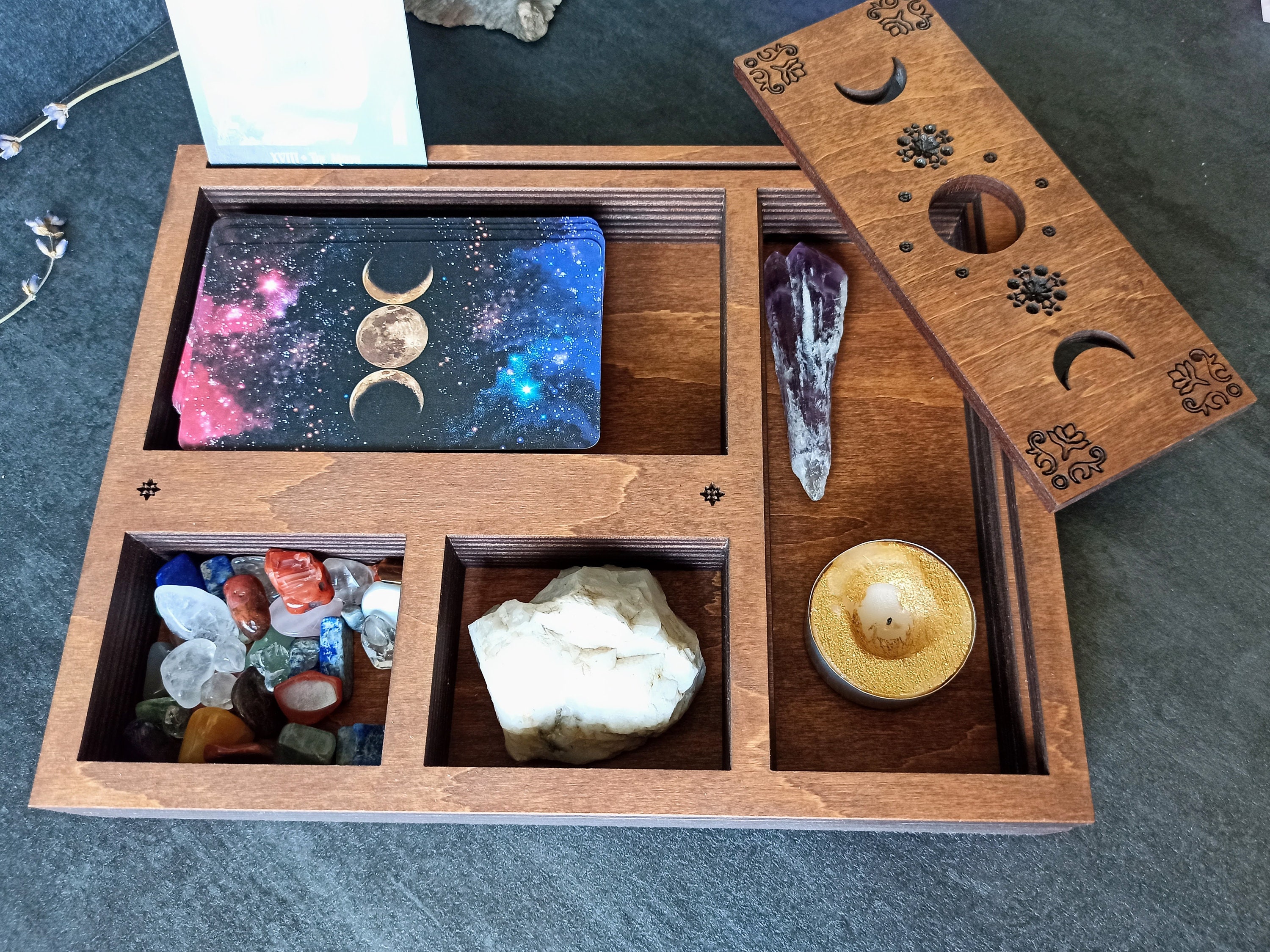 Tarot storage and crystal display box with tarot card holder. Etsy