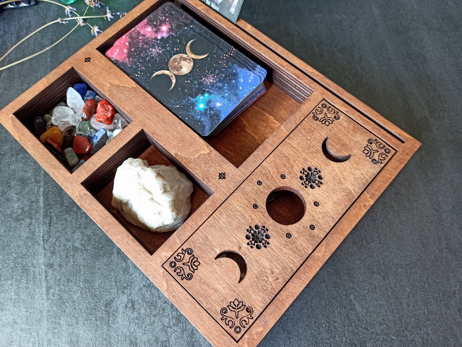 Tarot storage and crystal display box with tarot card holder. Etsy