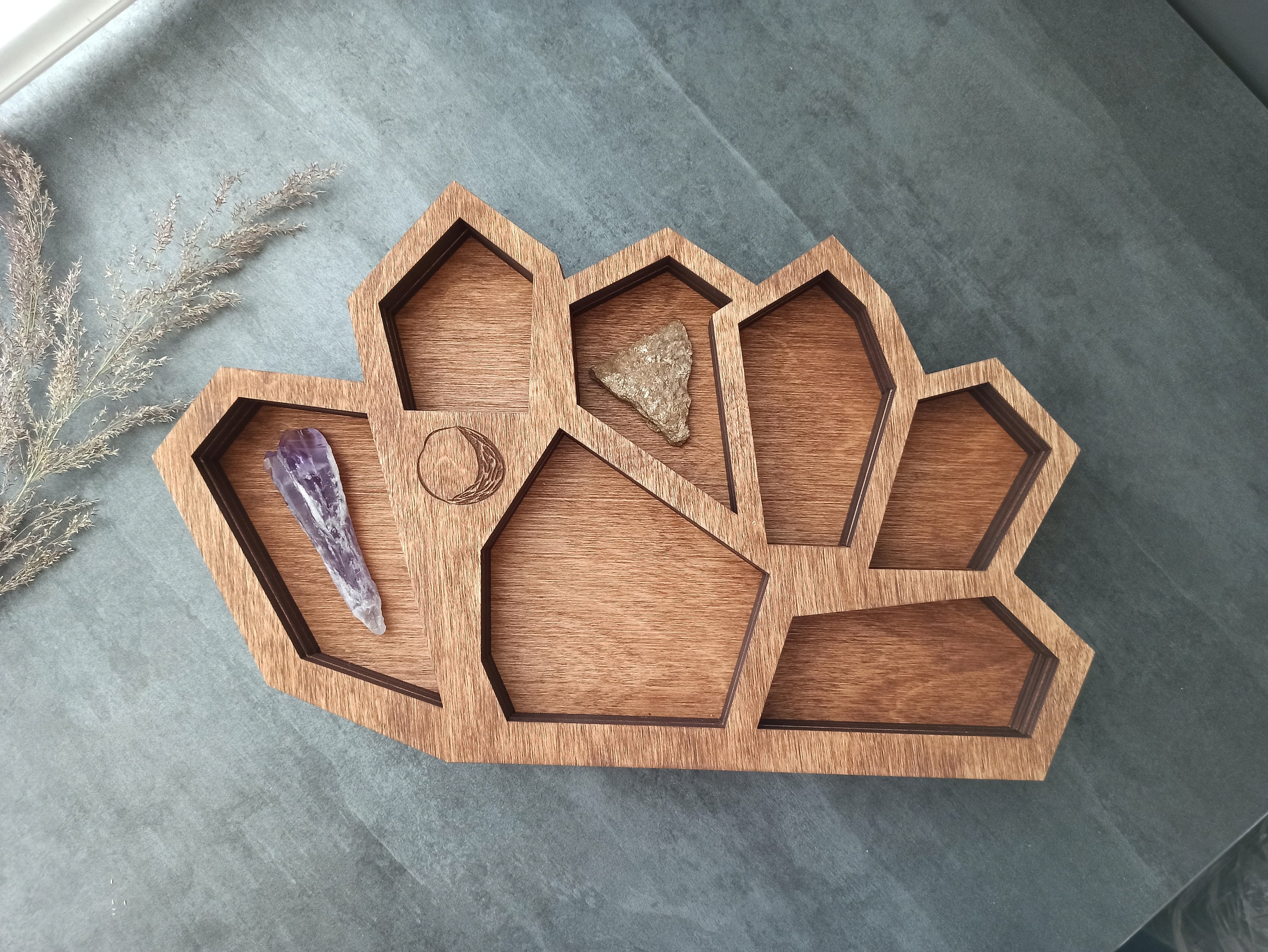 Full moon crystal tray. Crystal holder divided wooden tray for Etsy