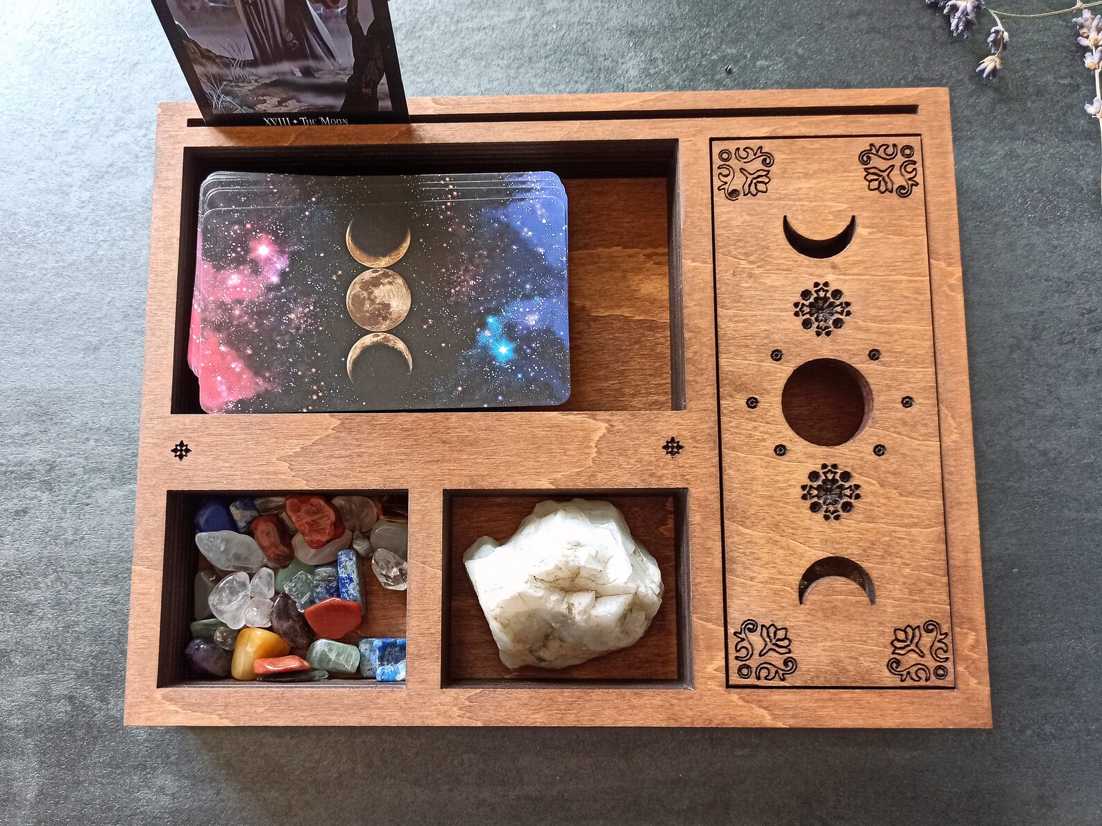 Tarot storage and crystal display box with tarot card holder. Etsy