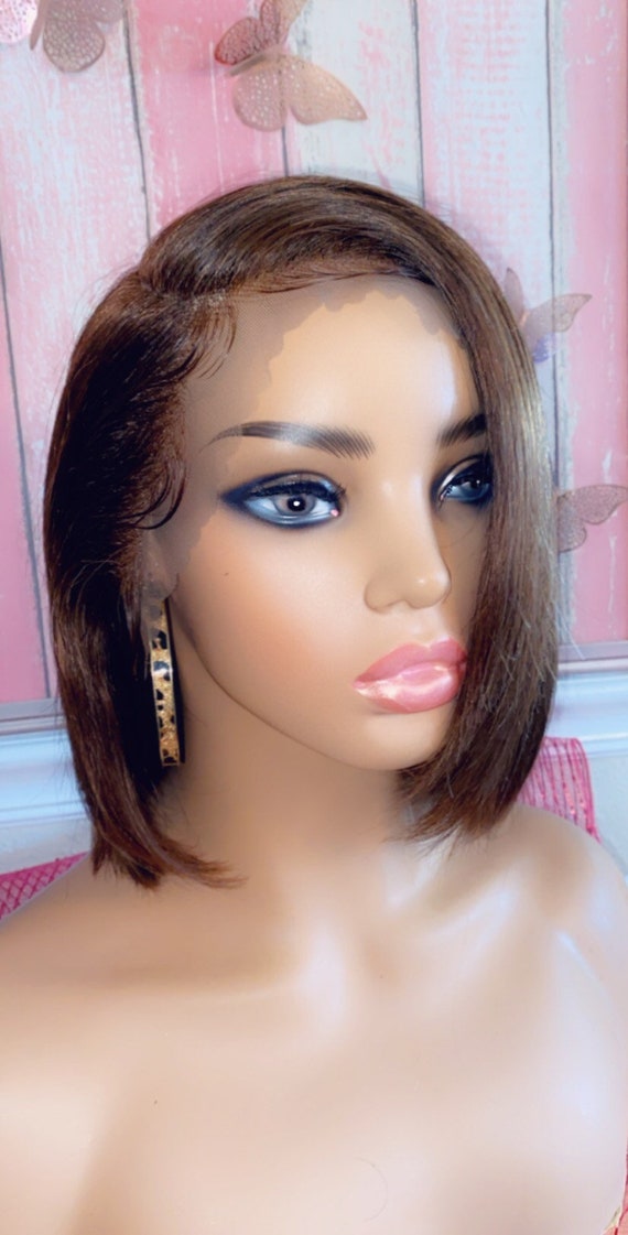 Women Natural Black Human Hair 13X6 Lace Front Short Bob Straight Side Part  Wig 8 Inches  nevermindyrhead