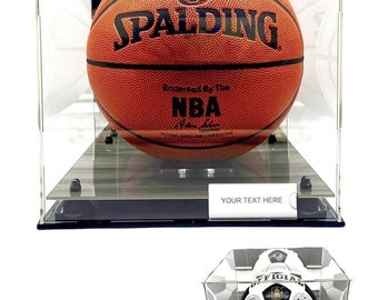 Full Size Basketball Soccer Ball Square Toys Acrylic Mirror Display Case Grey Wood Box Stand  Sports Memorabilia 10x10x9 inch