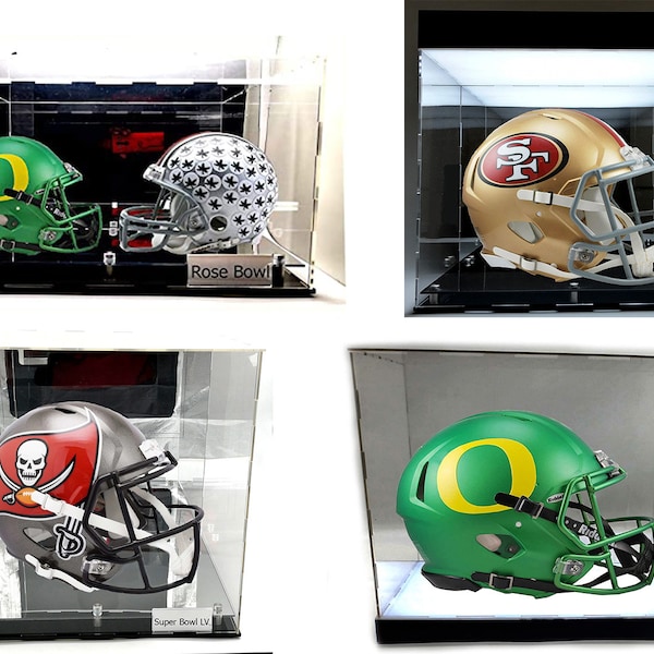 LED Full Size Football Helmet Acrylic Display Case Box Showcase Level Riser w Mirrored Back & Base Sports Memorabilia 15x12x12 inch