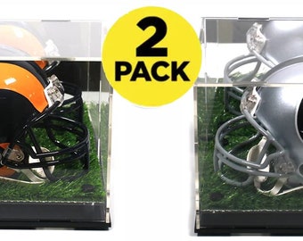 Mini Football Helmet Display Case Acrylic Box Showcase (2-Pack) 2 Level Riser w Mirrored or Grass Turf Background Sports Memorabilia