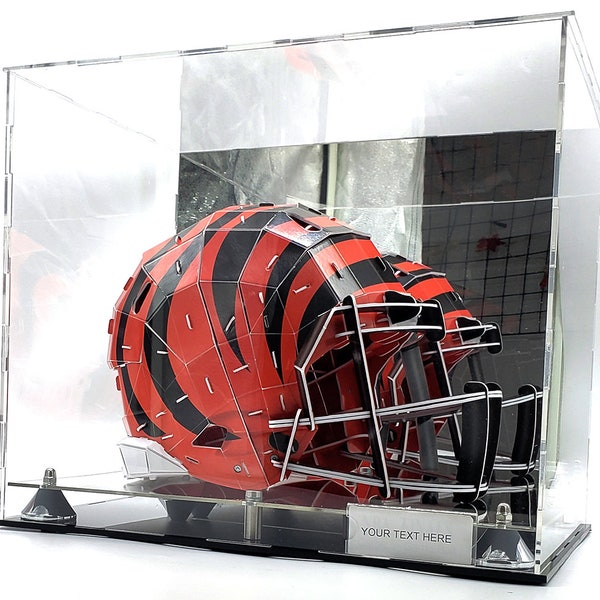 Full Size Football Helmet Acrylic Display Case Box Showcase Level Riser w Mirrored Back & Base Sports Memorabilia 15x12x12 inch