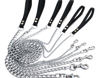 Correa de cadena personalizada para perros Econom cromada, correa metálica para perros pequeños y grandes con asa de cuero, correa para perros, correa de cuero para perros