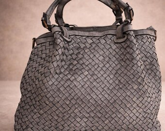 Handwoven Genuine Leather Handbag, Artisanal Made in Italy