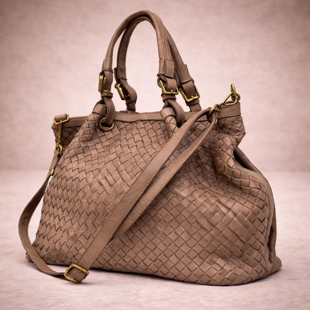 Handwoven Genuine Leather Handbag, Artisanal Made in Italy