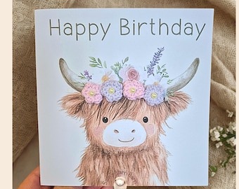 Crochet Highland Cow Greeting Card – Handmade Flower Crown & Farmhouse Style
