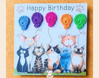 Carte d'anniversaire chat au crochet faite main - personnalisée avec différentes races et ballons