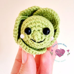 Può includere: Un cavolo verde all'uncinetto con un viso sorridente e occhi neri. Il cavolo è tenuto in una mano. L'immagine ha il testo "Sam's Yarn Barn Crochet Magic" nell'angolo in basso a destra.