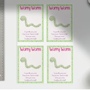 Worry worm zak knuffel achterkant kaart gehaakt token geschenken pdf digitale download schattig welzijn daad van vriendelijkheid tag label