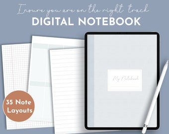 Digital anteckningsbok för GoodNotes, hyperlänkade flikar, mall för digitala anteckningar för iPad, anteckningsbok för iPad, blå färg