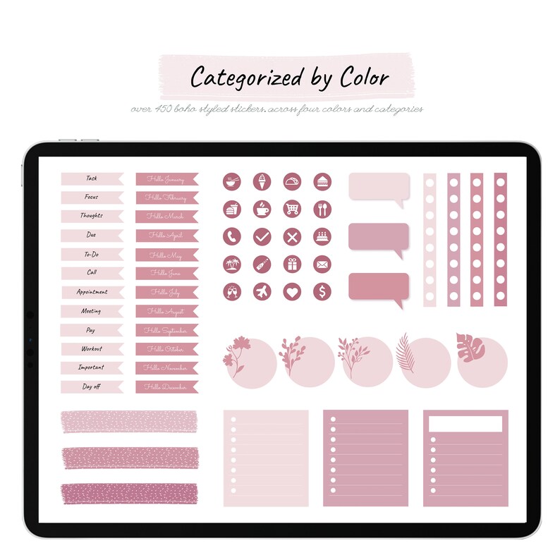May include: A digital tablet screen displaying a collection of pink and white planner stickers. The stickers include various shapes, sizes, and designs, such as banners, circles, squares, and lines. The stickers are categorized by color and include text such as "Hello January" and "Hello February".
