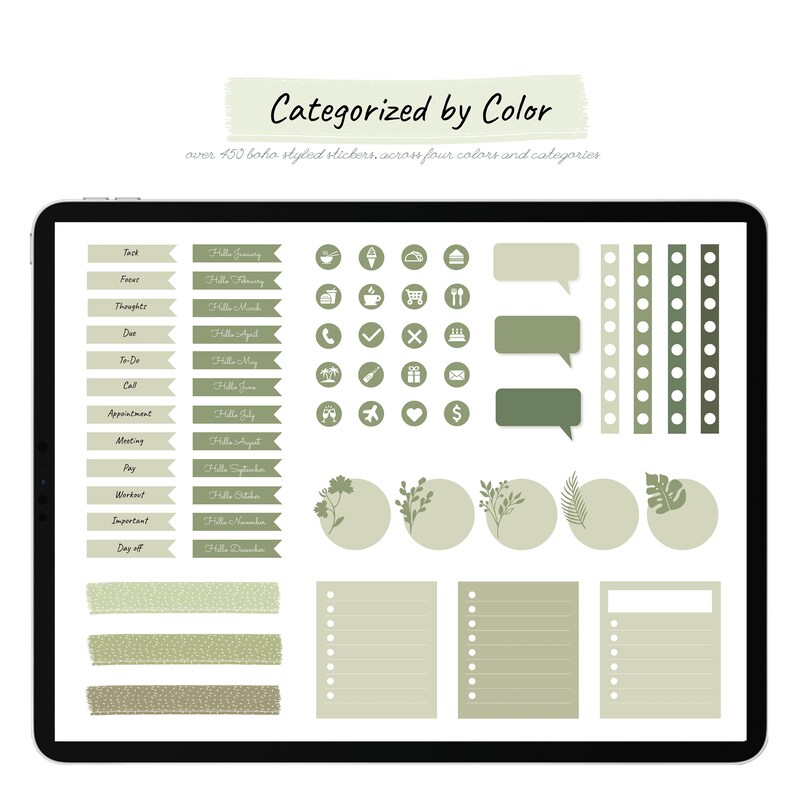 May include: A digital tablet screen displaying a collection of green and white planner stickers. The stickers are categorized by color and include various designs such as circles, squares, and banners. The text "Categorized by Color" and "over 400 boho styled stickers across four colors and categories" is displayed at the top of the screen.