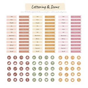 May include: A set of 450 boho-style stickers featuring lettering and icons. The stickers are in four colors: pink, orange, yellow, and green. The lettering includes words like "Tack", "Focus", "Thoughts", "Due", "To-Do", "Call", "Appointment", "Meeting", "Pay", "Workout", "Important", and "Day off". The icons include a variety of symbols, such as a bowl of noodles, an ice cream cone, a taco, a hamburger, a coffee cup, a shopping cart, a fork and knife, a phone, a checkmark, an X, a birthday cake, a palm tree, a wine bottle, a gift box, an envelope, a champagne glass, an airplane, a heart, and a dollar sign.