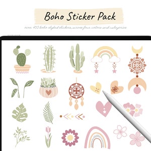 May include: A digital tablet screen displaying a collection of over 150 boho-style stickers. The stickers feature various designs, including cacti, rainbows, hearts, dreamcatchers, and flowers. The stickers are in a variety of colors, including pink, green, yellow, and brown.