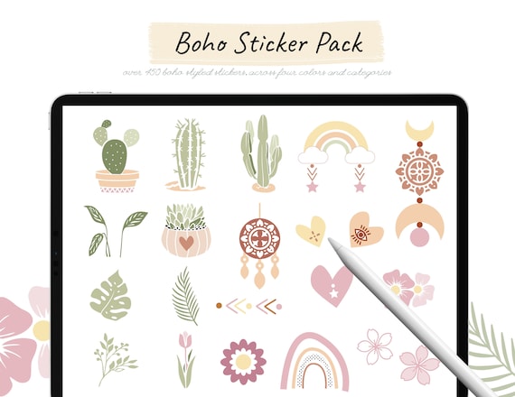 Digital Stickers, Boho Stickers Set, Goodnotes Sticker Book, Cute