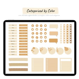 May include: A digital tablet screen displaying a collection of digital planner stickers in various shapes and sizes. The stickers are categorized by color and include a variety of designs, such as floral patterns, geometric shapes, and text labels. The text on the screen reads "Categorized by Color" and "over 450 boho styled stickers across four colors and categories".