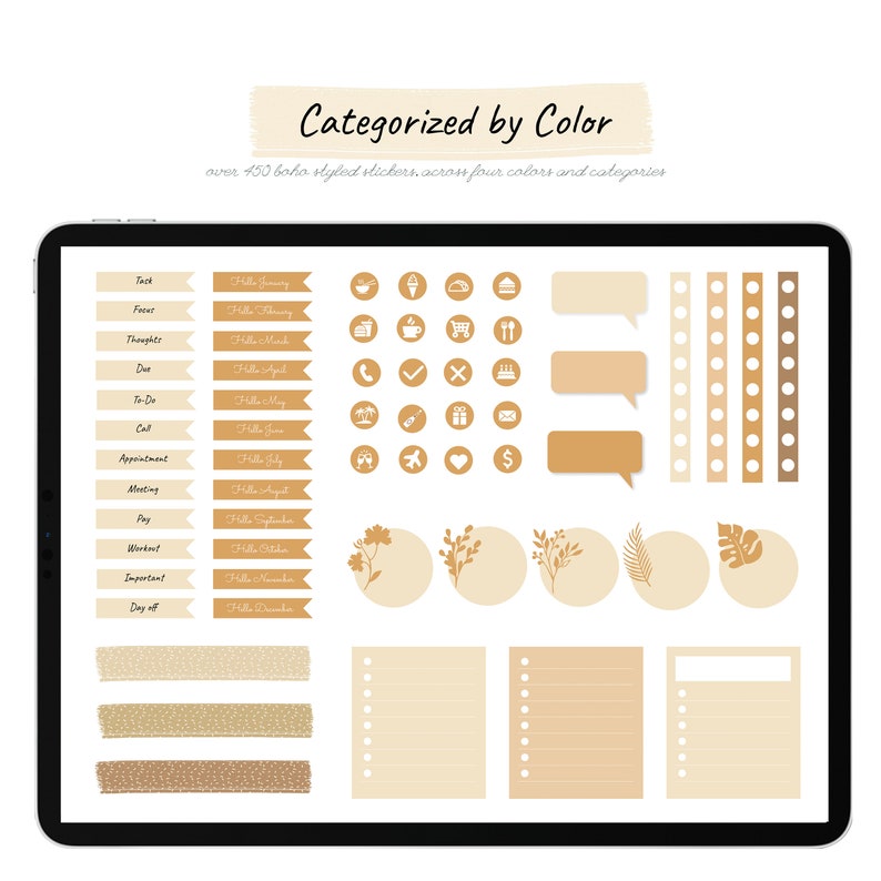 May include: A digital tablet screen displaying a collection of digital planner stickers in various shapes and sizes. The stickers are categorized by color and include a variety of designs, such as floral patterns, geometric shapes, and text labels. The text on the screen reads "Categorized by Color" and "over 450 boho styled stickers across four colors and categories".