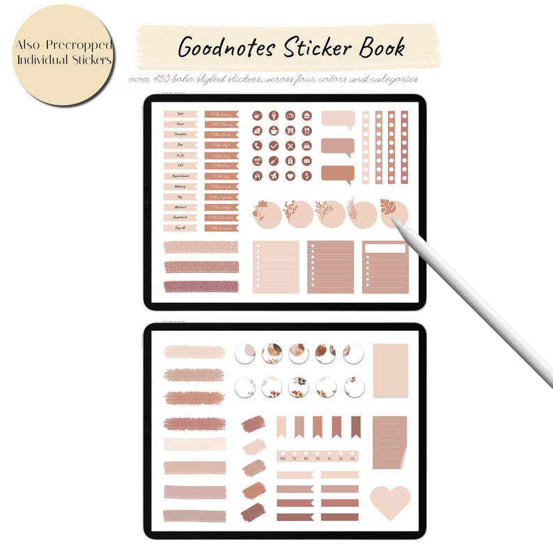 May include: Two digital screens displaying a collection of over 450 boho styled stickers in four colors and categories. The stickers include various shapes, sizes, and designs, such as circles, squares, rectangles, and lines. The stickers are in shades of brown, pink, and white.