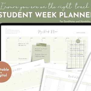 Puede incluir: Un planificador semanal digital para estudiantes, que se muestra en la pantalla de una tableta. El planificador incluye un calendario, una sección para tareas diarias y una sección para notas. El planificador está diseñado para su uso con las aplicaciones GoodNotes y Notability.