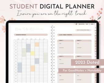 May include: A digital planner for students, designed for GoodNotes and Notability apps. The planner features a semester overview with a weekly schedule, class/subject overview, and a 2023 dated calendar.