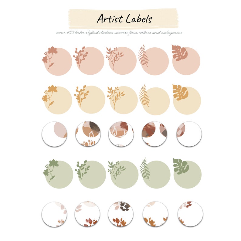 May include: Set of 20 round social media highlight covers with various designs. The covers feature a variety of floral, leaf, and abstract patterns in shades of brown, beige, green, and white.