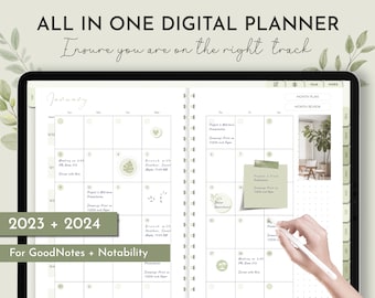 Könnte beinhalten: Eine digitale Planer-App-Oberfläche für GoodNotes und Notability. Die App bietet eine Kalenderansicht für Januar 2023 mit einem grün-weißen Farbschema. Der Text "All in One Digital Planner" und "Ensure you are on the right track" wird oben auf dem Bildschirm angezeigt.