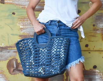 Shopper Bag, Tote Day Bag, Woman Office Bag, Fashionable Carryall Bag, Top Round Handle, Oversize Blue Handbag, Knitted Work Bag, Yarn Bag