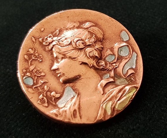 Antique Art Nouveau French Silver Enamel Lady Broo