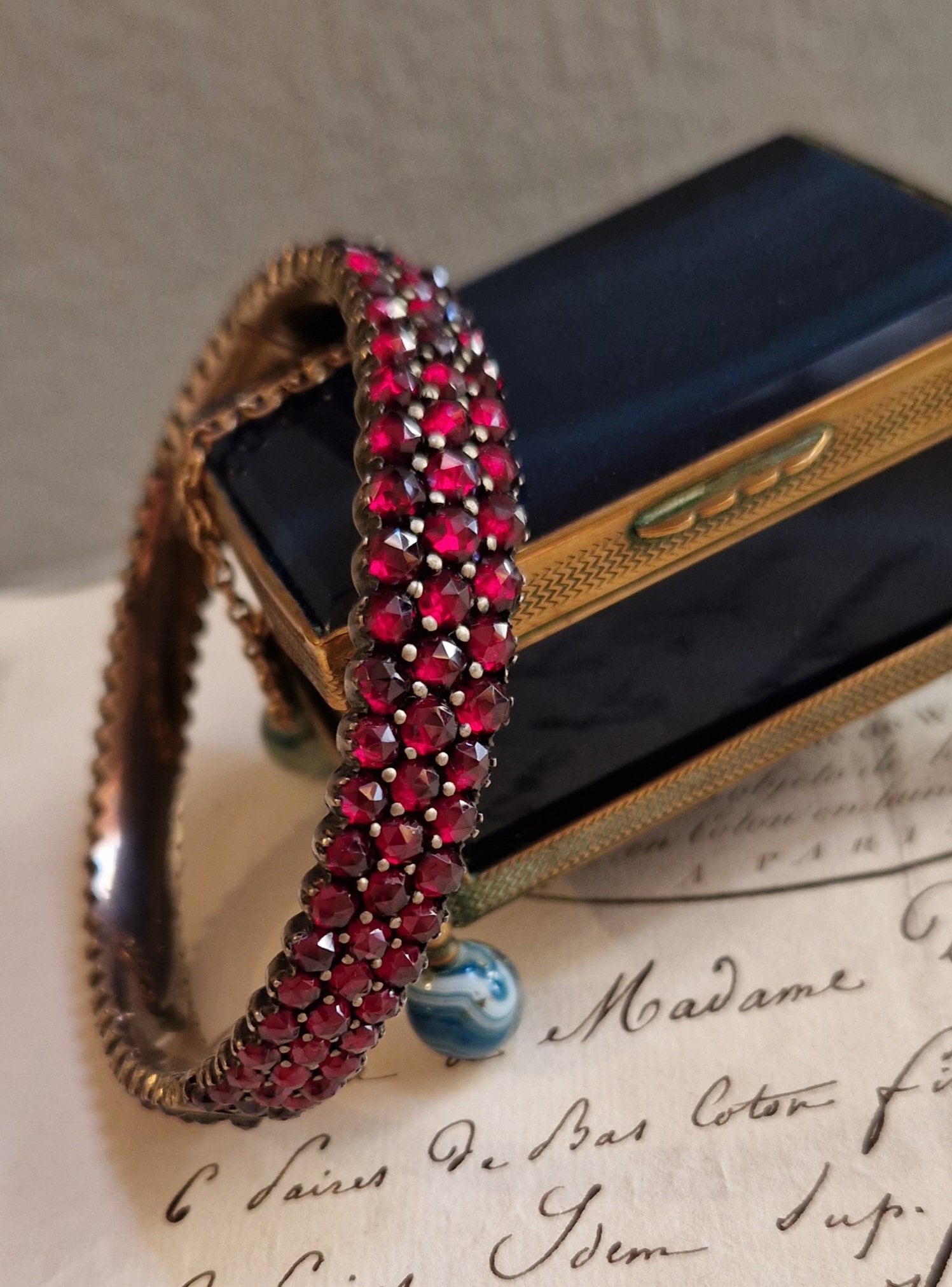 Antique Bohemian Rose Cut Garnet Gold Filled Bangle Bracelet