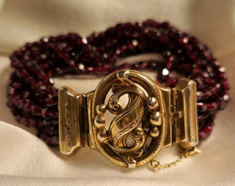 Early Victorian French 7 Strands Garnet Beads Silver Gilded Bracelet