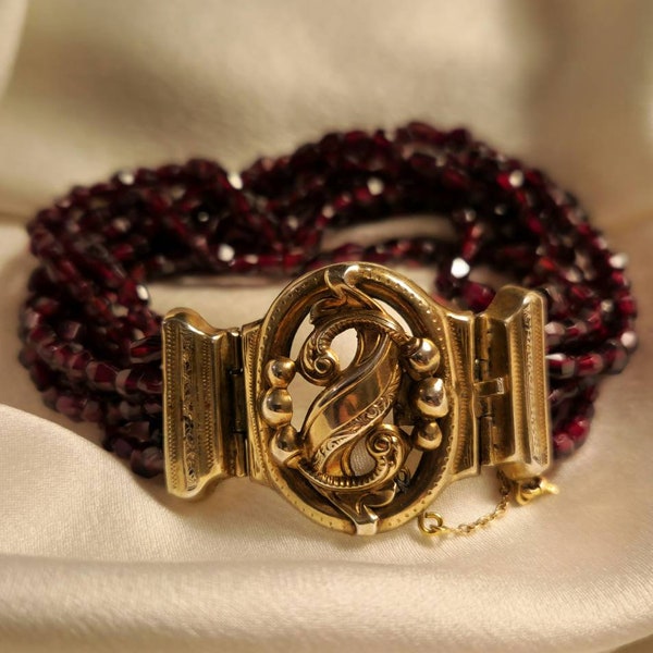 Early Victorian French 7 Strands Garnet Beads Silver Gilded Bracelet